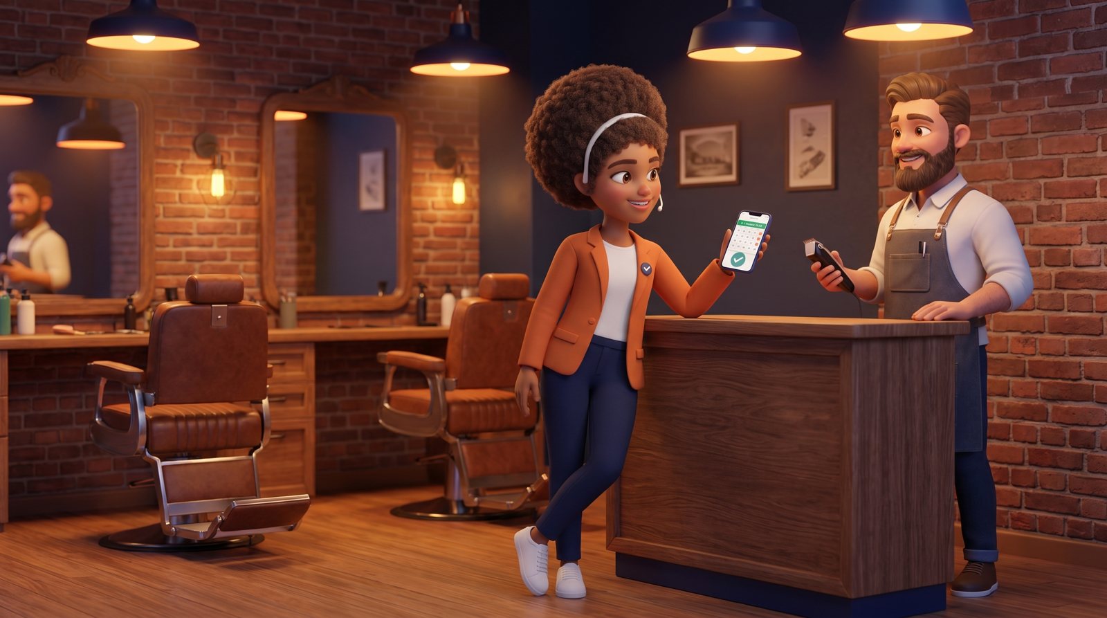 Peggy no balcão de uma barbearia mostrando o celular ao barbeiro
