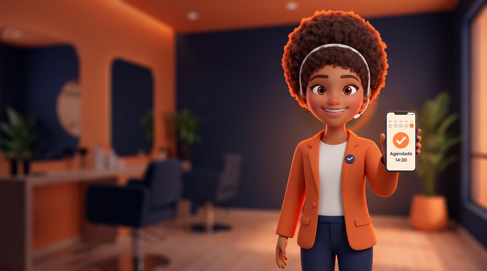 A Peggy, de blazer laranja, mostra no celular um horário agendado.