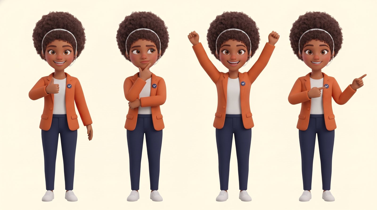 Quatro poses da Peggy: positivo, pensando, comemorando e apresentando